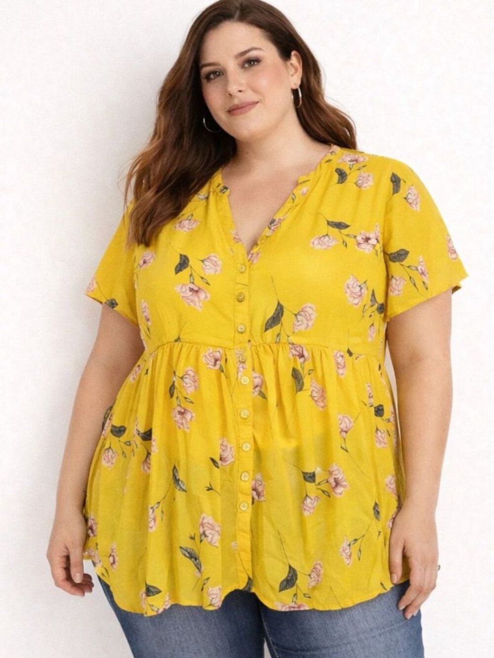 Torrid Womens Lexie Babydoll Chiffon Tunic Yellow Floral Hi-lo Plus SIze 1| 1X